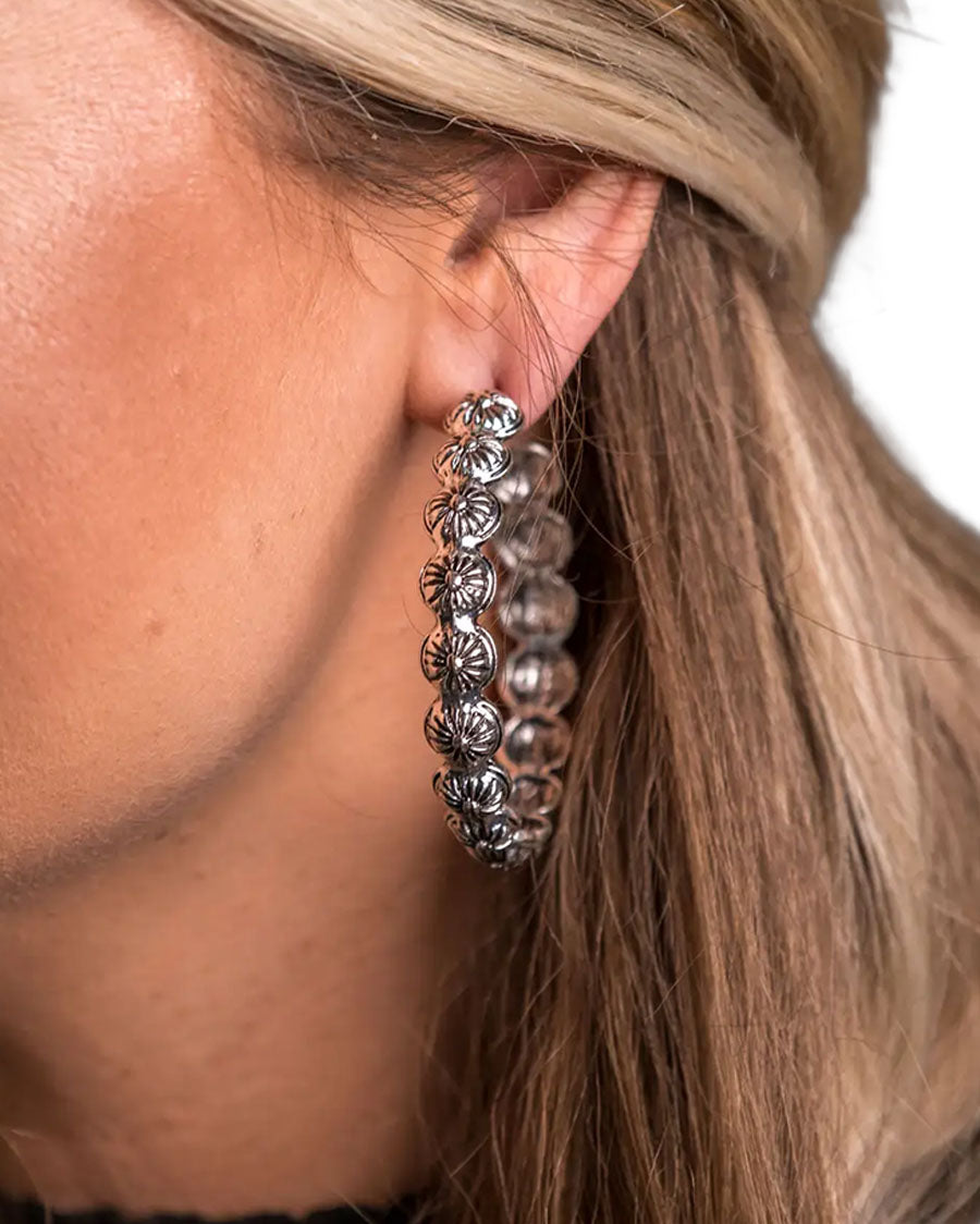 Women's 2" Burnished Silver Concho Hoop Earrings - E887