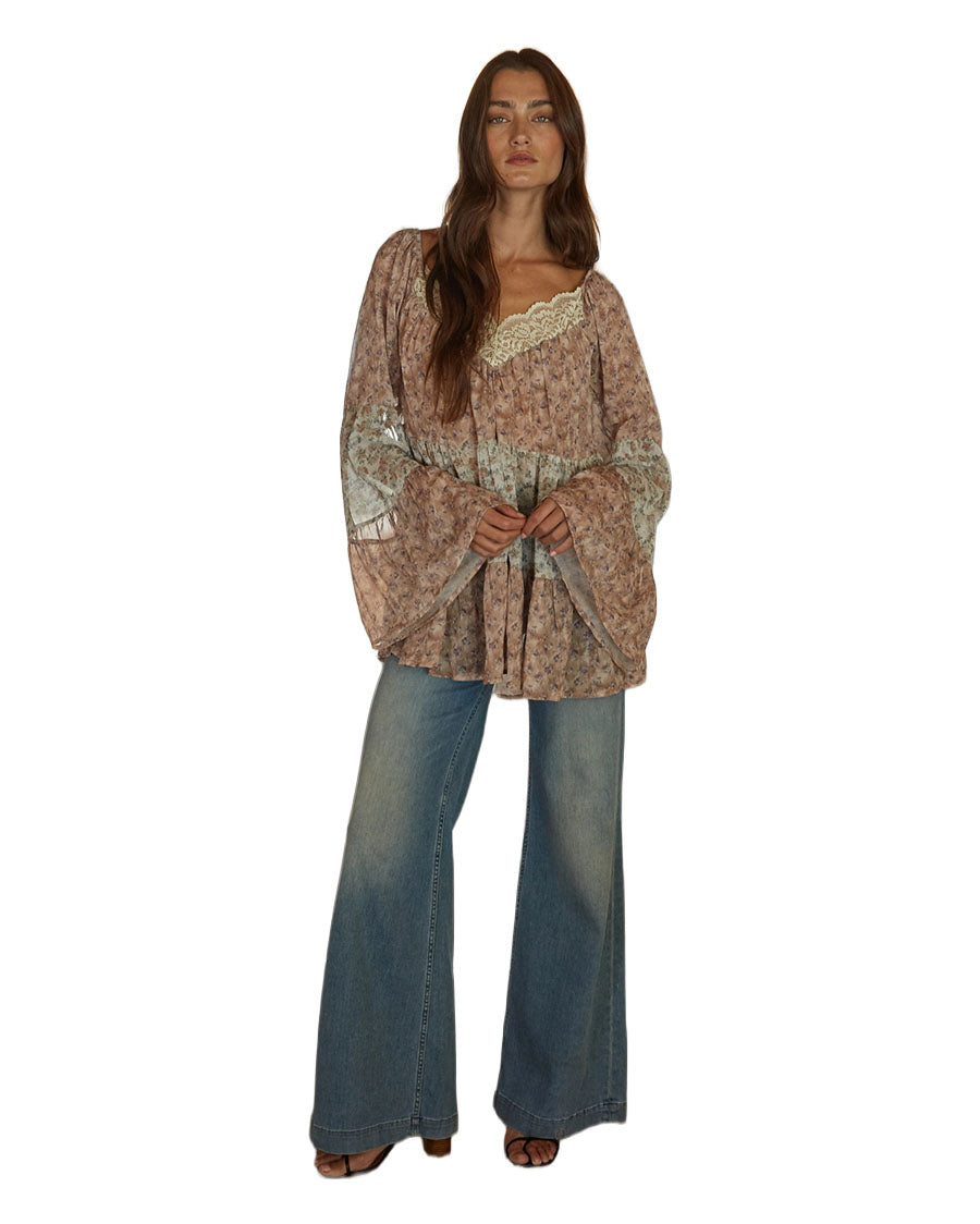 Women's Woven Polyester Floral Print V-Neck Long Sleeve Blouse - L10245-Mocha-Ivory