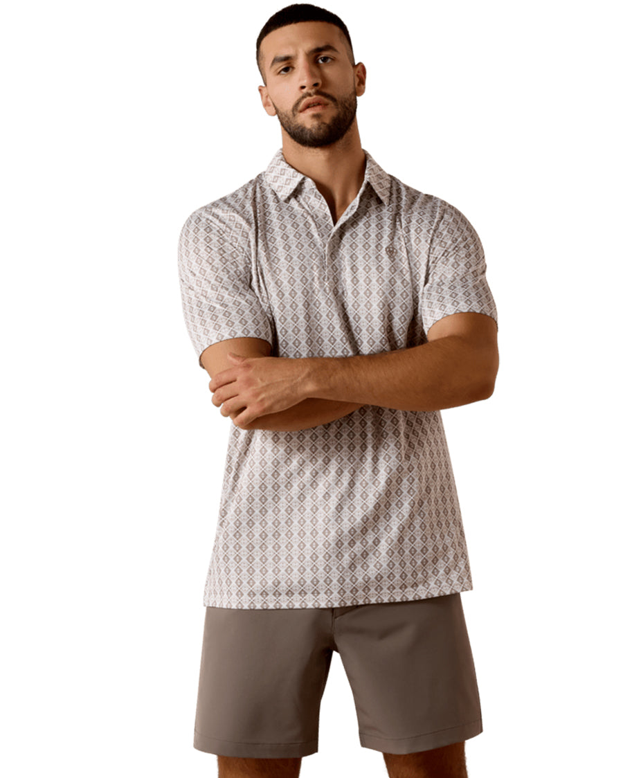 Men's All Over Print Polo - 10073469 by Ariat from Skip’s Western Outfitters | ARI-10073469-XLT-TAUPE-GREY-SOUTHWEST-GEO-PRINT