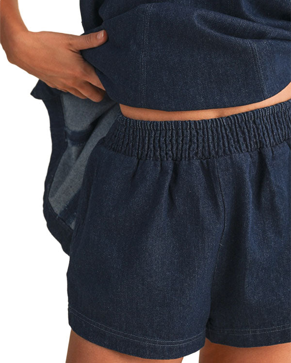 Women's Denim Longline Sleeveless Top And Shorts Set - Ist6095-Dk-Denim