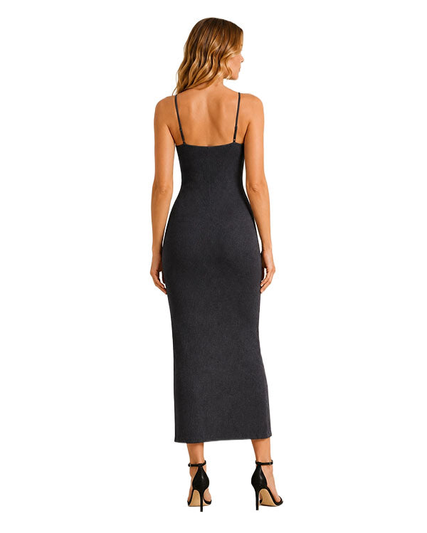 Women's Ribbed Knit Midi Dress With Poncho Set - Id10875-Black
