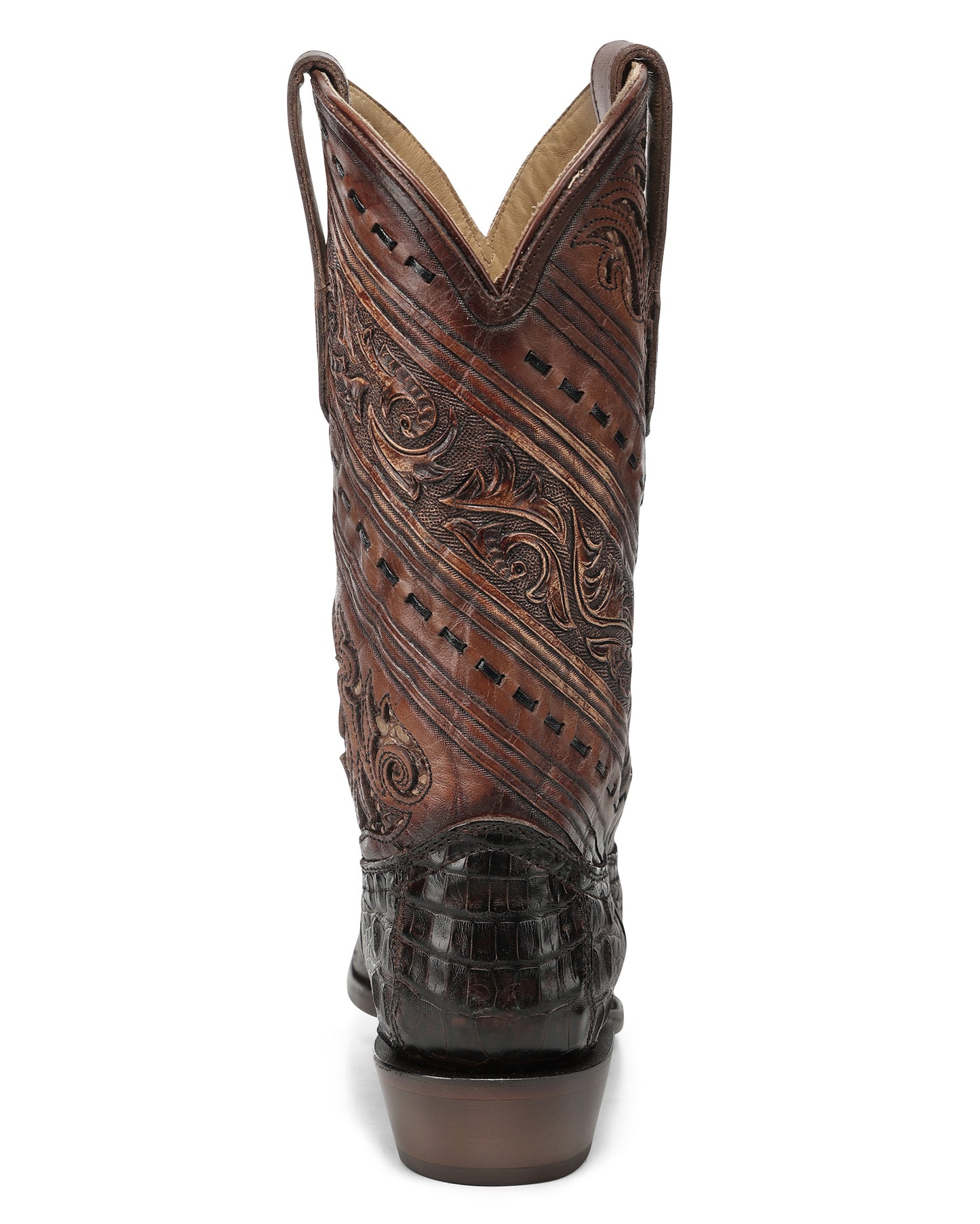 Men's Honey Alligator Tooled & Handwoven Narrow Square Toe Western Boots - A5100