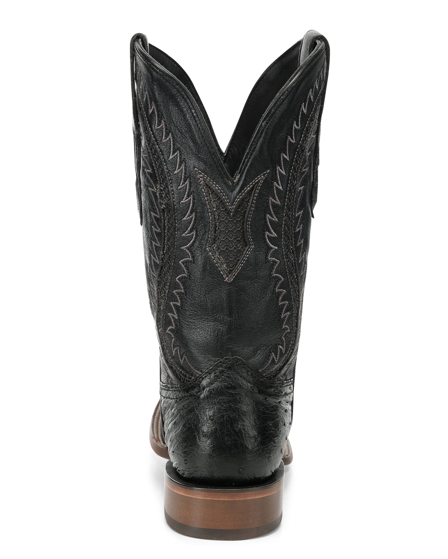 Men's Black Ostrich Inlay & Embroidery Wide Square Toe Western Boots - A5112