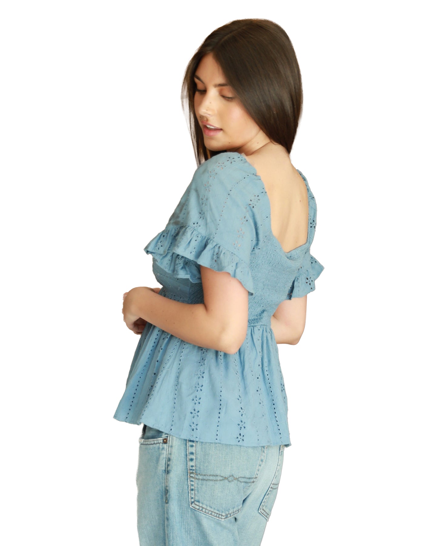 Women's Eyelet Embroidered Twist Front Blouse - C2186-Em08-Elemental-Blue