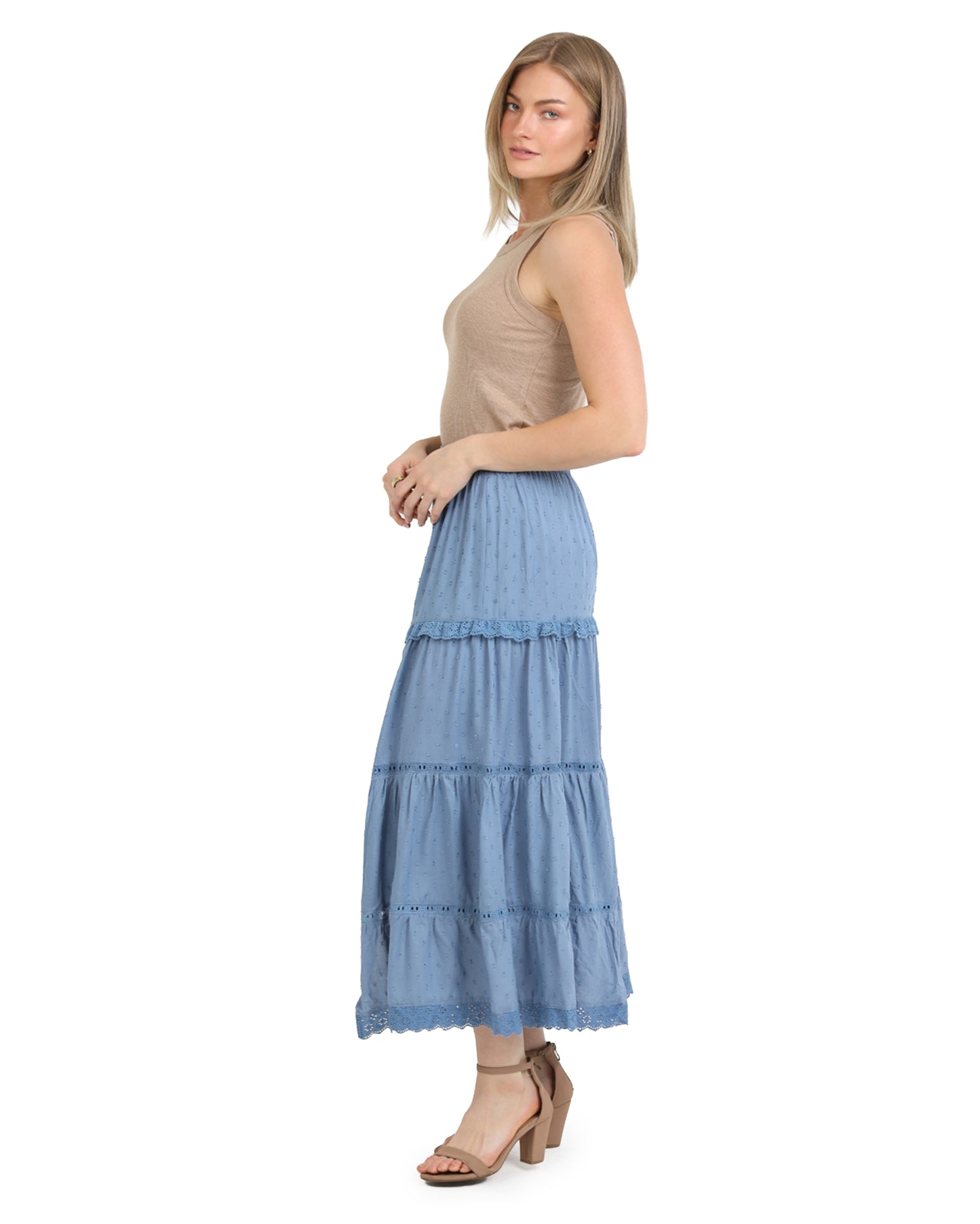 Women's Lace Trim Tiered Maxi Skirt With Slit - 26P74-Asis-Elemental-Blue