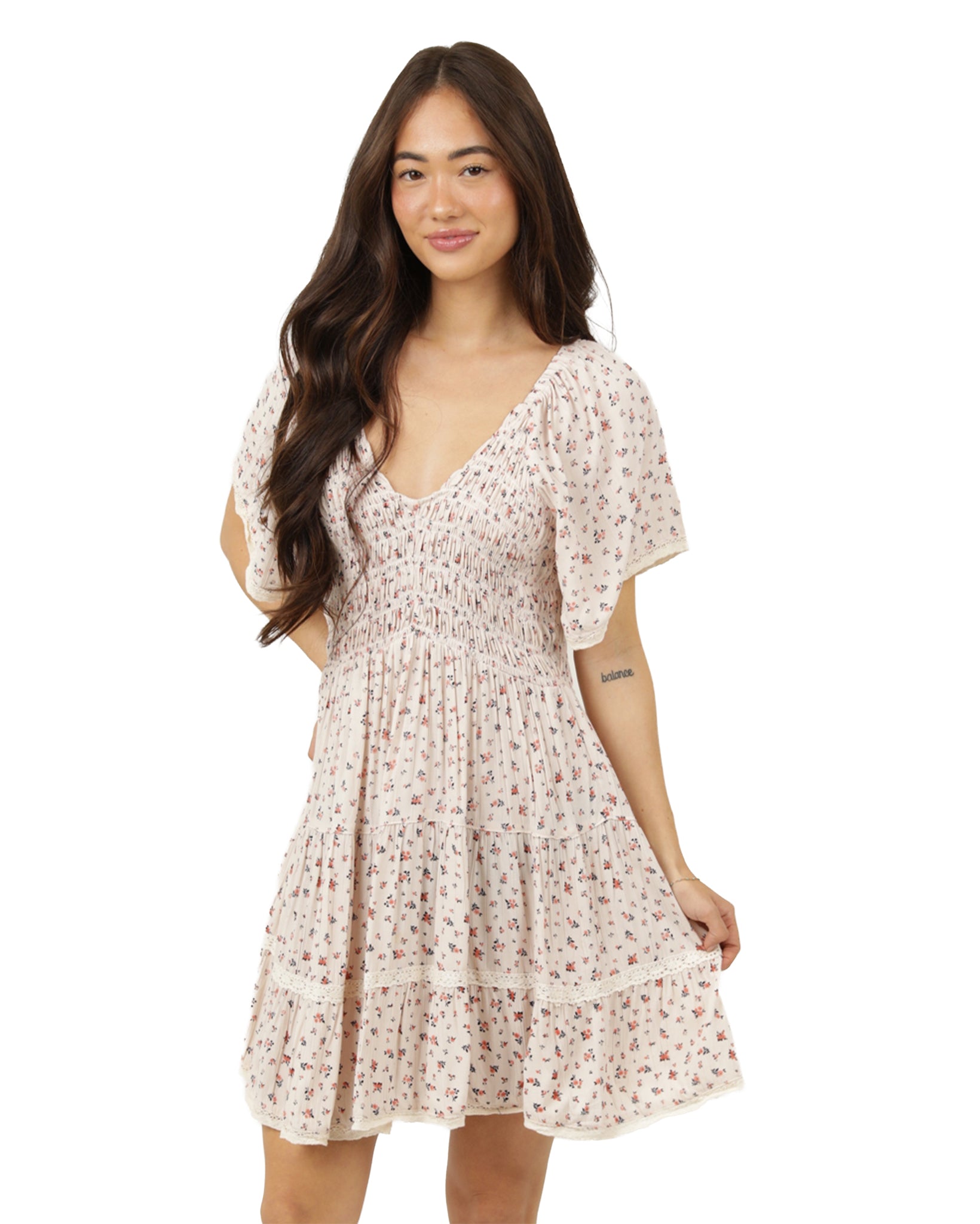 white western mini dress Women's Smocked Bodice Lace Trim Color:Ivory/Fuchsia soft pastel yellow dress movement date night Black Wedding Guest Dresses