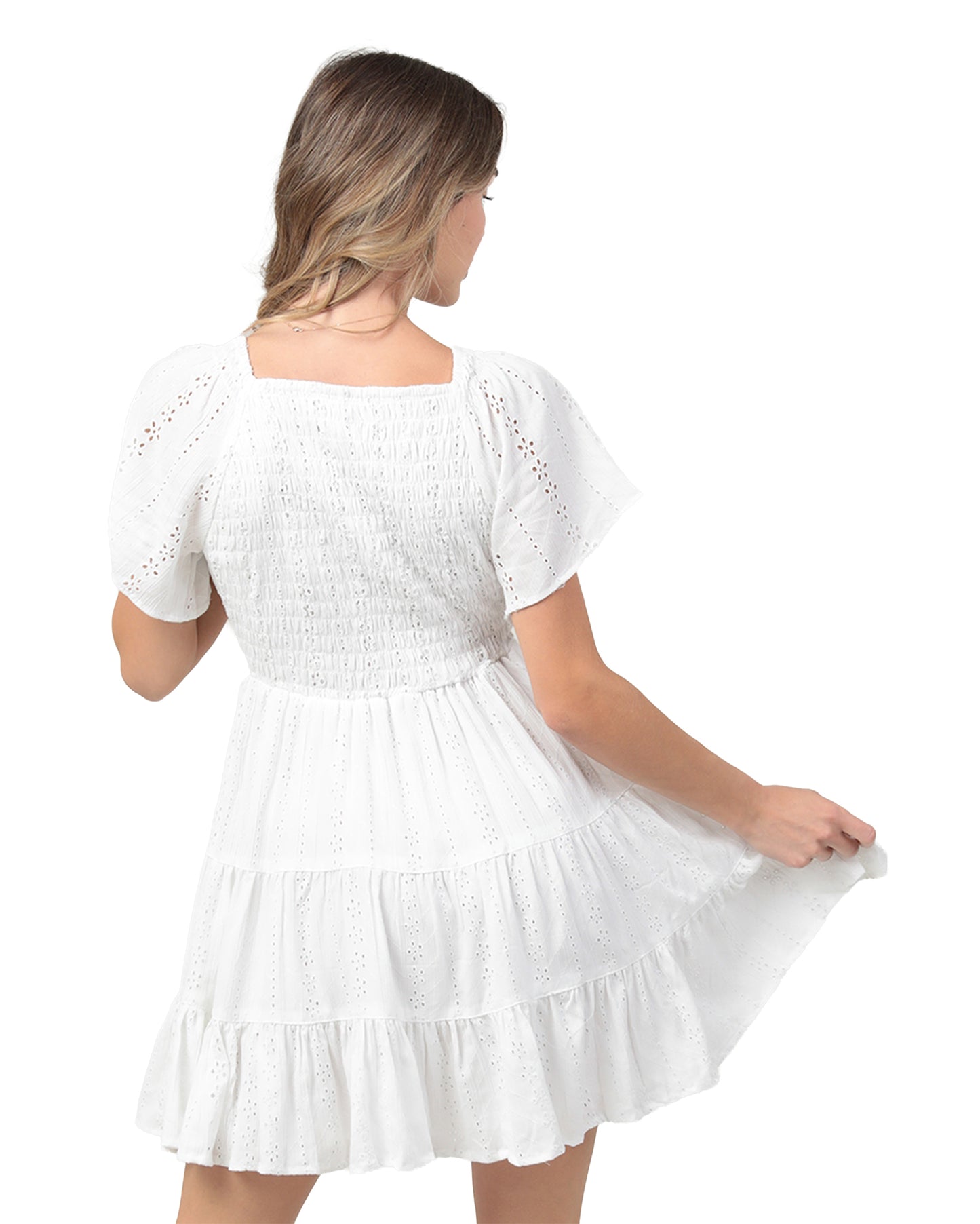 Women's Smocked Bodice Mini Dress - C4937-Em08-White