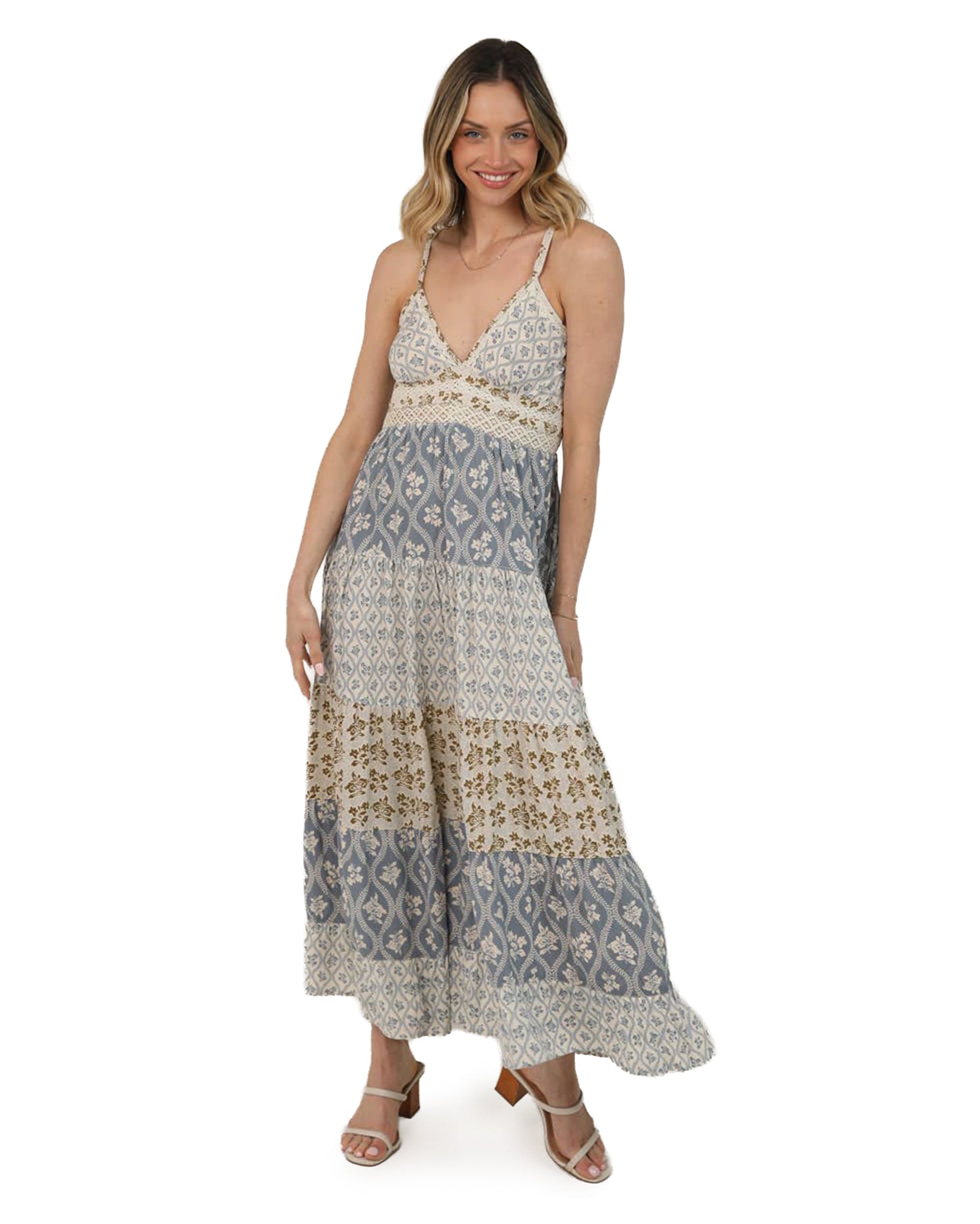 Women's Lace Trim Mixed Print Maxi Dress - C4D14-Aa04-Vintage-Blue