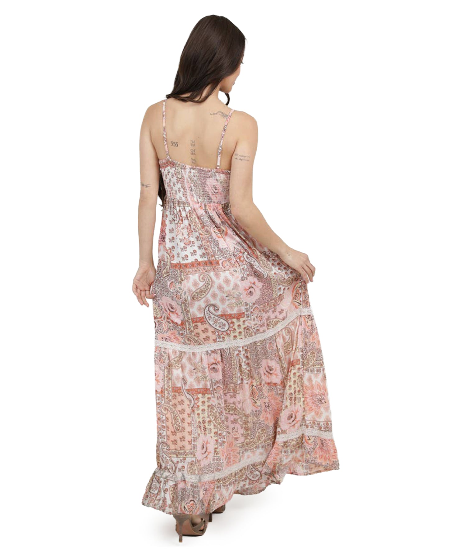 Women's Smocked Ruffle Detail Maxi Dress - C4F83-W909-Pink