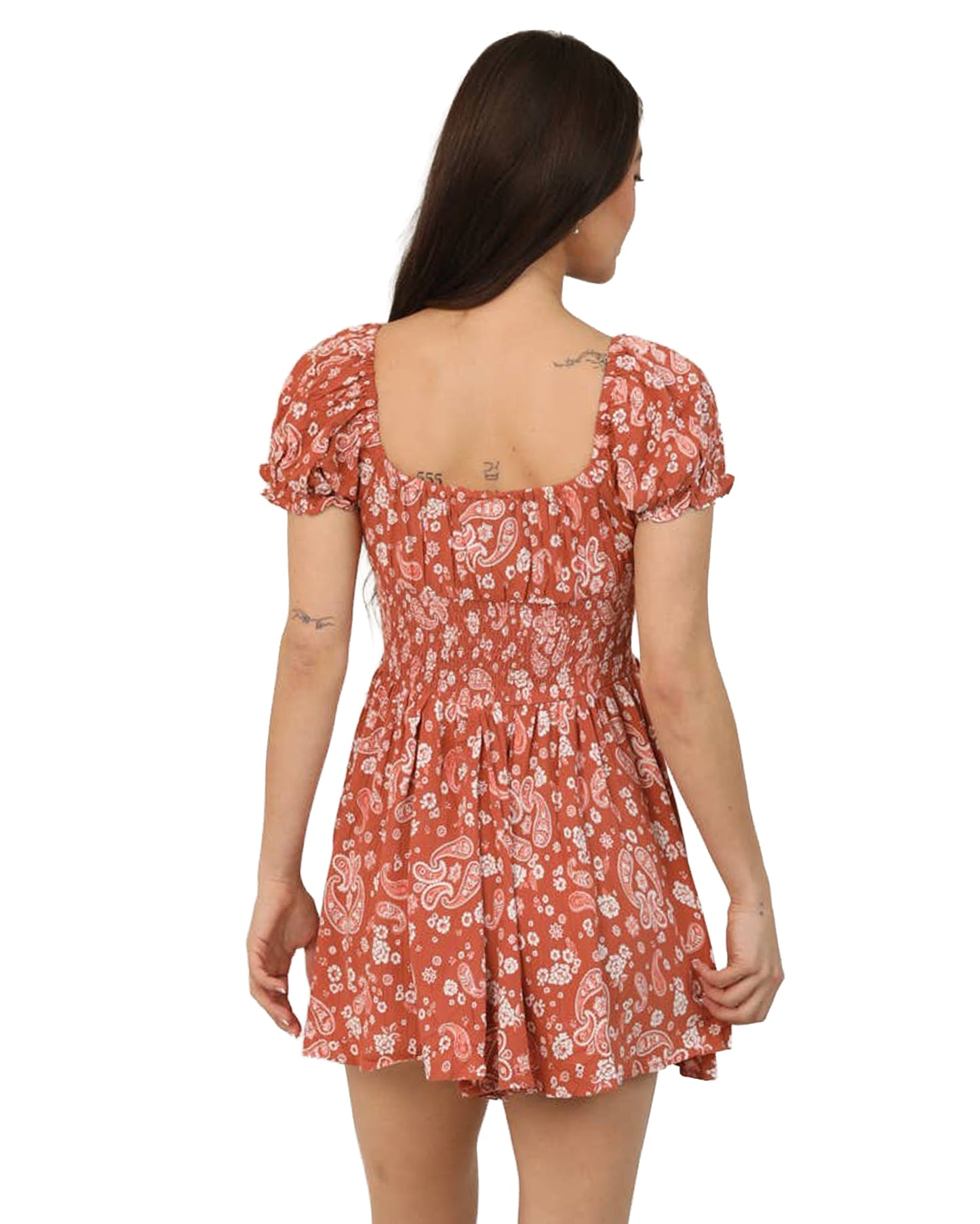 Women's Paisley Short Sleeve Romper - Q5X75-Wa73-Clay