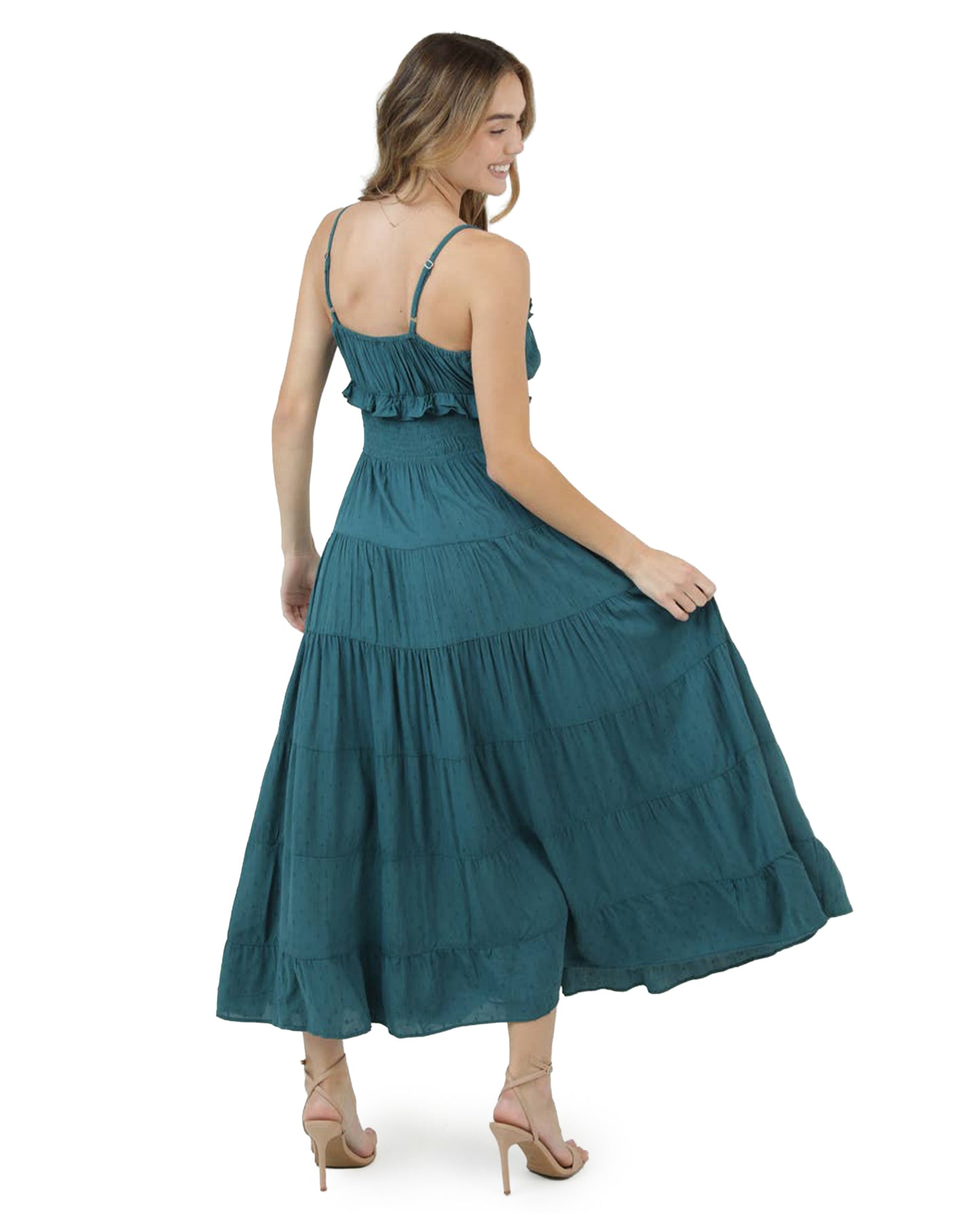 Women's Swiss Dot Ruffle Trim Smocked Waist Maxi Dress - C4D36-SWDT-DARK-TEAL