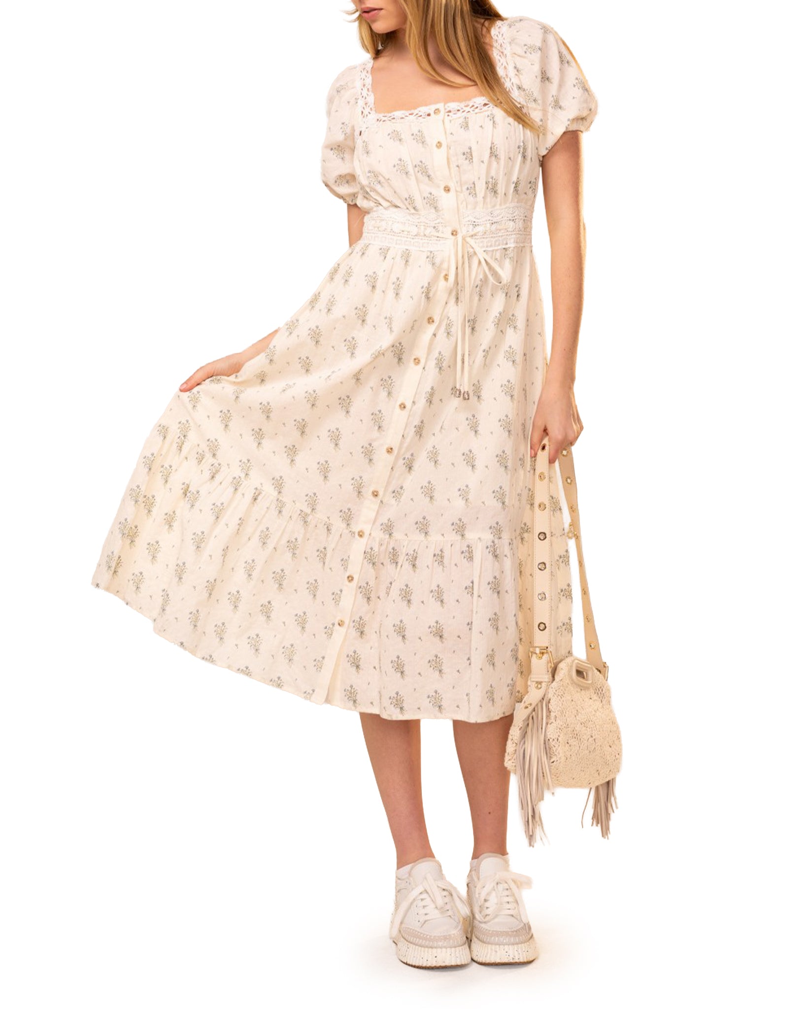 Squared Neck Lace Trim Midi Dress