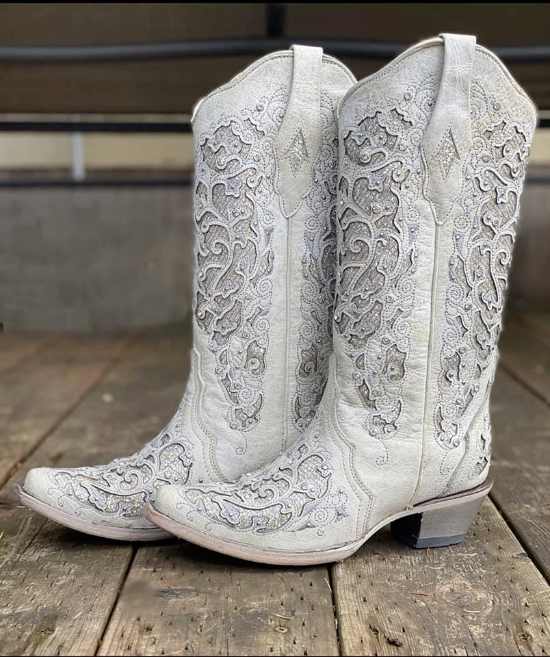 Corral A3322 Women's Handcrafted Snip Toe Cowgirl Boots in White at Skip's Western Outfitters