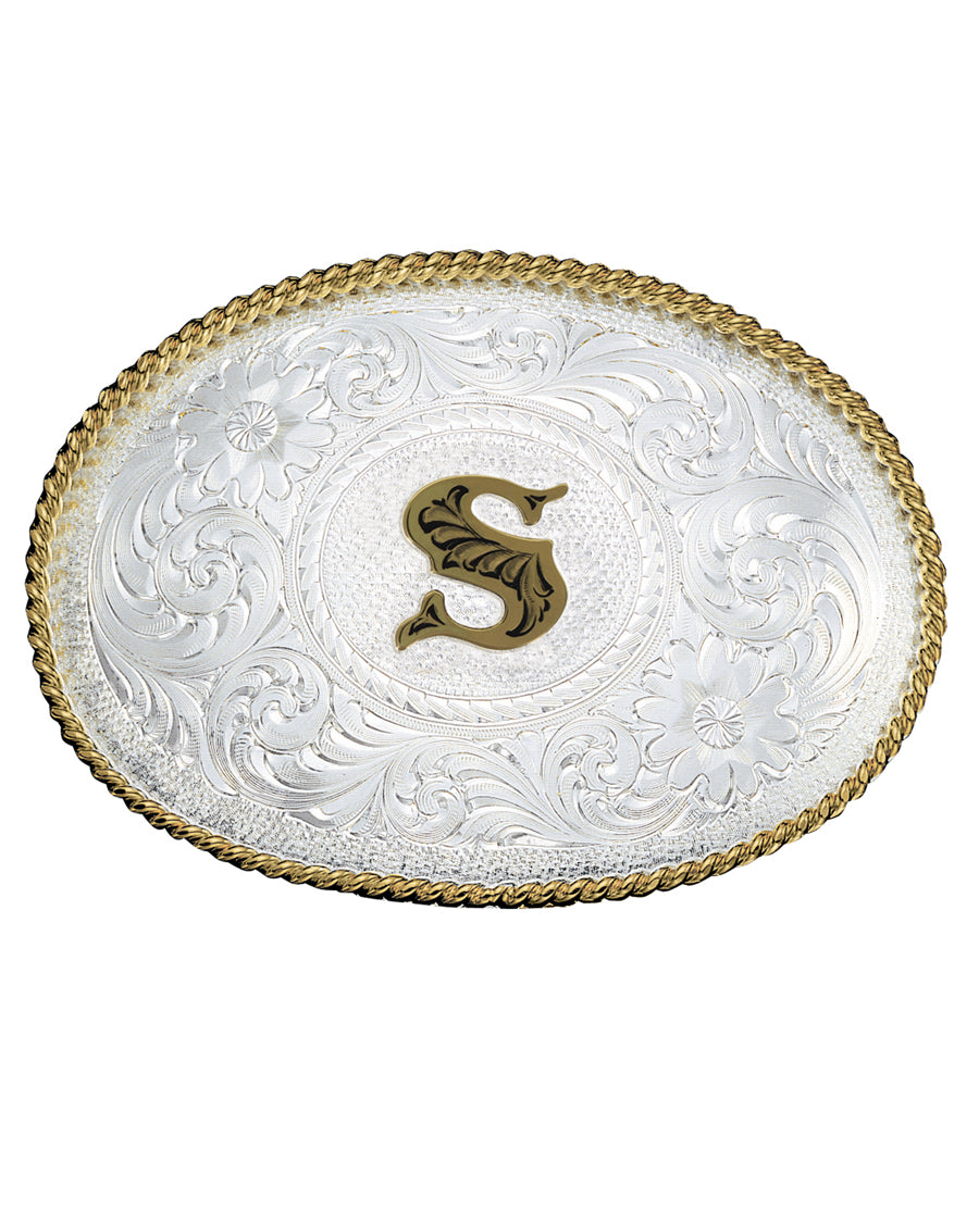 Engraved Initial S Medium Oval Buckle by Montana Silversmiths from Skip’s Western Outfitters | MON-700S-Silver-/-Gold