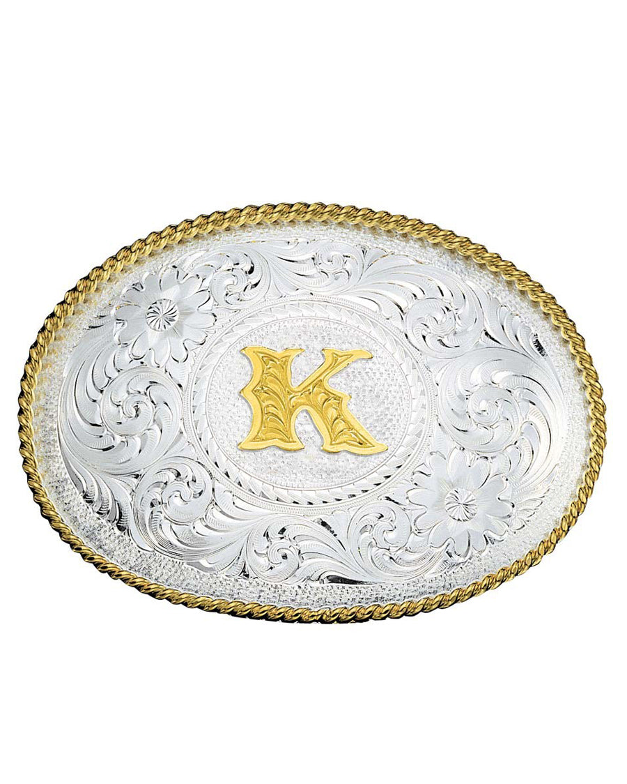 Engraved Initial K Medium Oval Buckle by Montana Silversmiths from Skip’s Western Outfitters | MON-700K-Silver-/-Gold