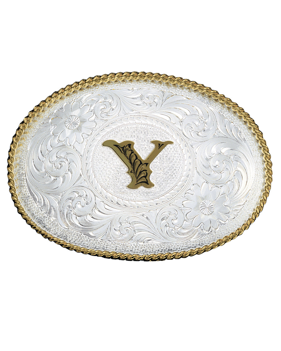 Engraved Initial Y Medium Oval Buckle by Montana Silversmiths from Skip’s Western Outfitters | MON-700Y-Silver-/-Gold