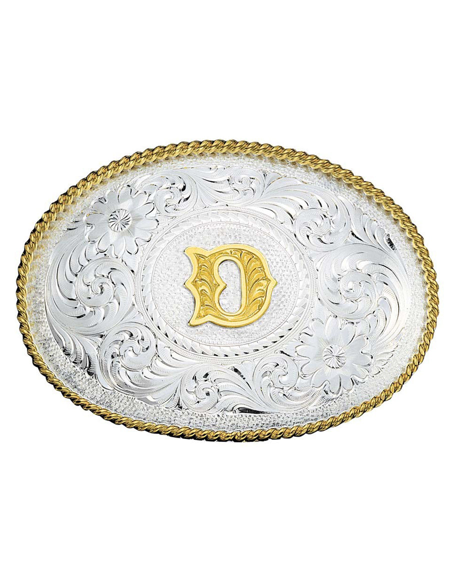 Engraved Initial D Medium Oval Buckle by Montana Silversmiths from Skip’s Western Outfitters | MON-700D-Silver-/-Gold