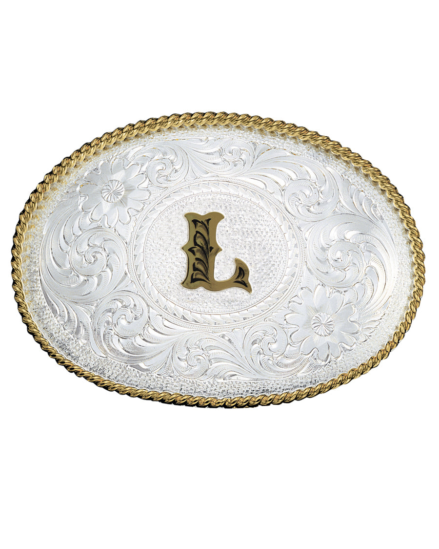 Engraved Initial L Medium Oval Buckle by Montana Silversmiths from Skip’s Western Outfitters | MON-700L-Silver-/-Gold