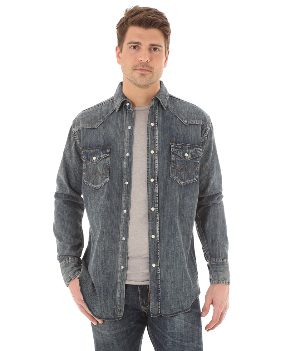 Men's Slub Denim Western Shirt by Wrangler from Skip’s Western Outfitters | WRA-MS1039W-S-ANTIQUEBLUE