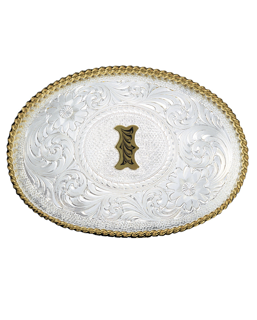 Engraved Initial I Medium Oval Buckle by Montana Silversmiths from Skip’s Western Outfitters | MON-700I-Silver-/-Gold