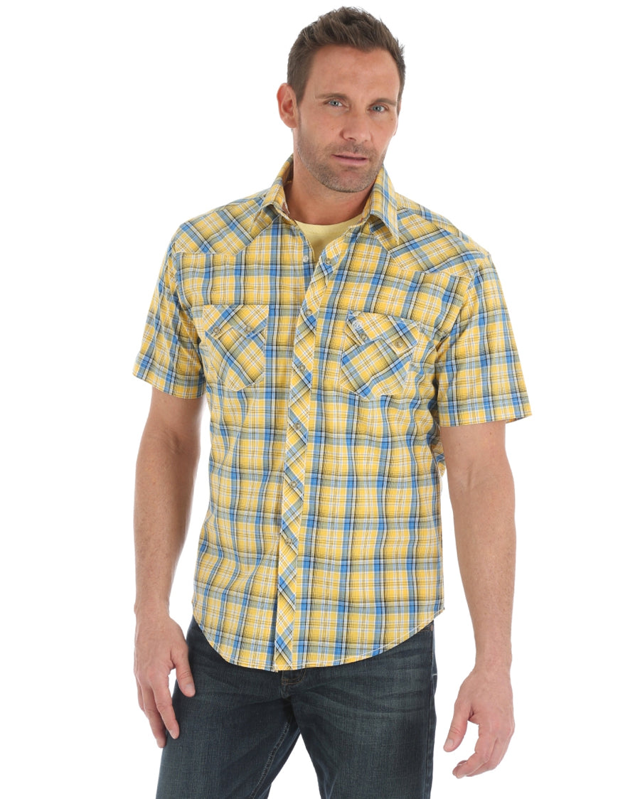 Plaid Shirt Mens Yellow Button Down Shirt Short Sleeve Trojan