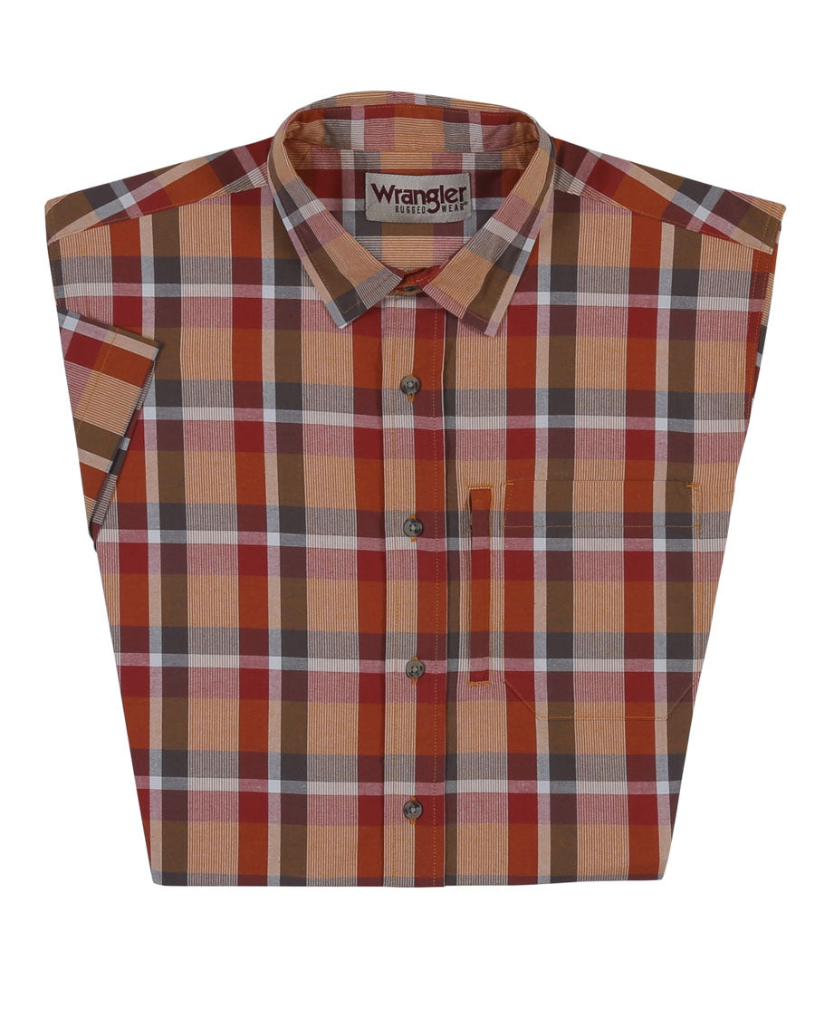 Men's Advanced Comfort Plaid Short Sleeve Western Shirt by Wrangler from Skip’s Western Outfitters | WRA-RWS09OR-M-RED