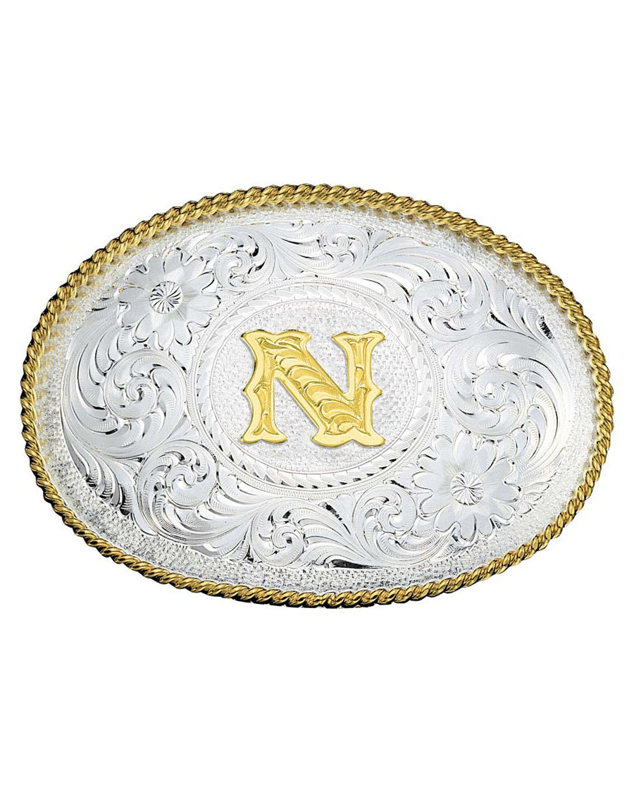 Engraved Initial N Medium Oval Buckle by Montana Silversmiths from Skip’s Western Outfitters | MON-700N-Silver-/-Gold