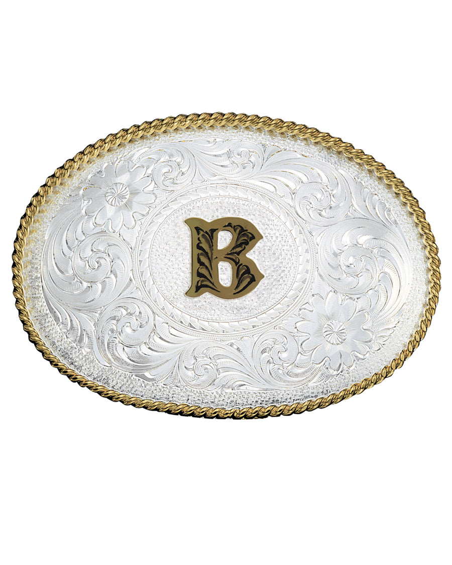 Engraved Initial B Medium Oval Buckle by Montana Silversmiths from Skip’s Western Outfitters | MON-700B-Silver-/-Gold