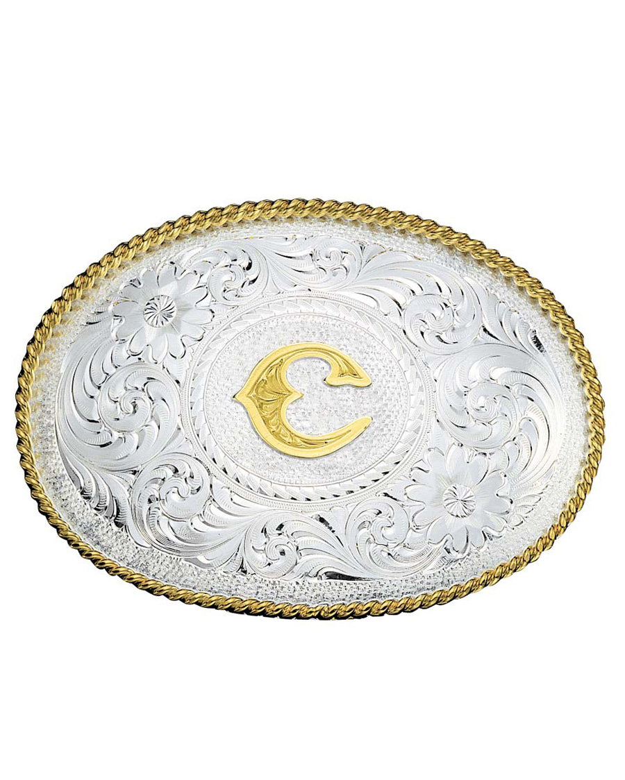 Engraved Initial C Medium Oval Buckle by Montana Silversmiths from Skip’s Western Outfitters | MON-700C-Silver-/-Gold