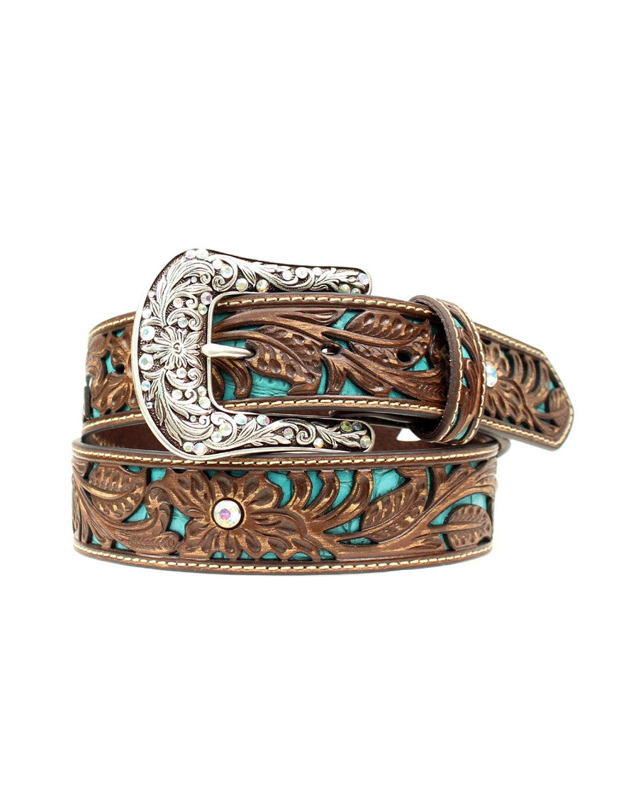 Women's Floral Tooled Leather Belt by Ariat Accessories from Skip’s Western Outfitters | MFW-A1513402-L-BROWN/TURQUOISE
