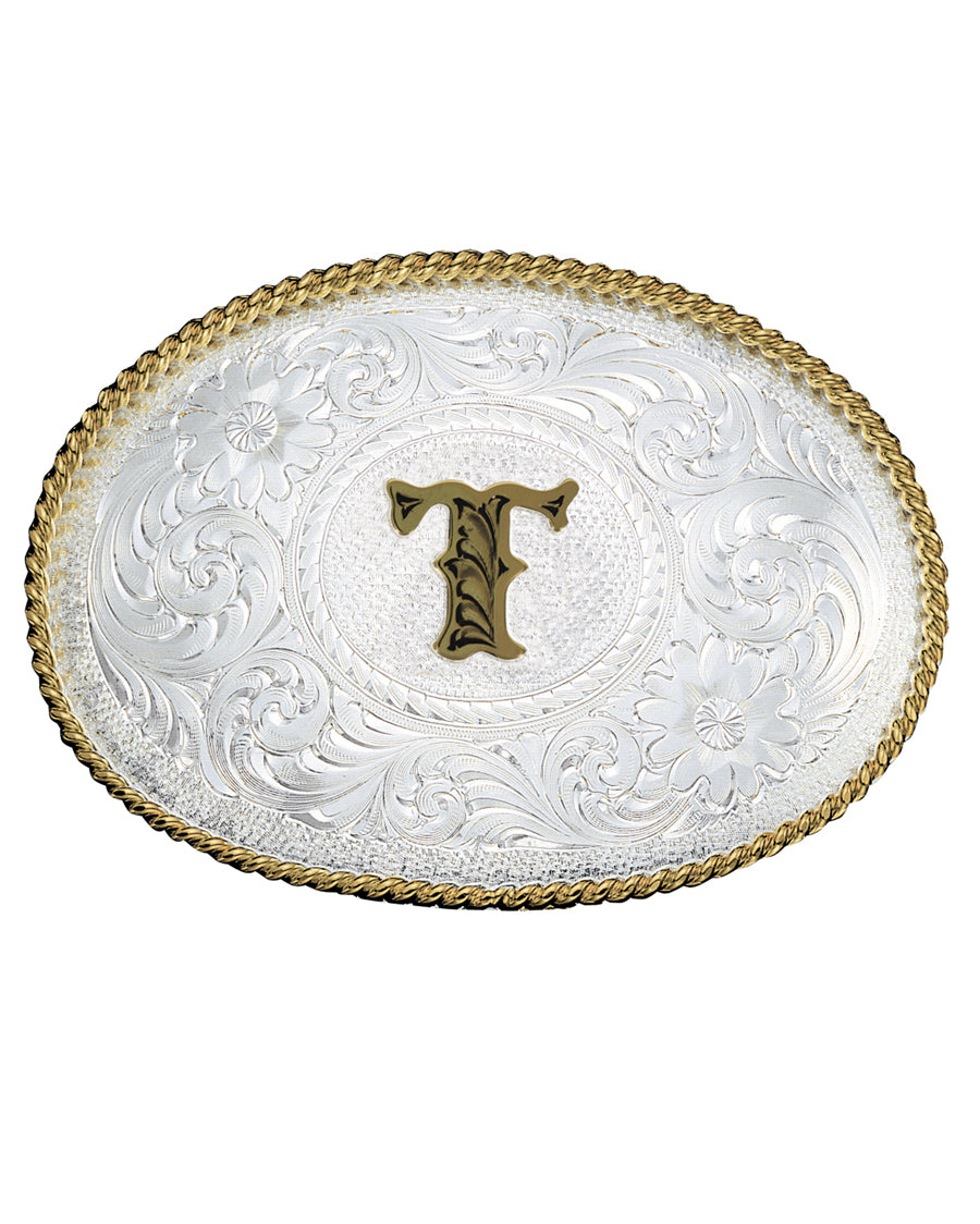 Engraved Initial T Medium Oval Buckle by Montana Silversmiths from Skip’s Western Outfitters | MON-700T-Silver-/-Gold