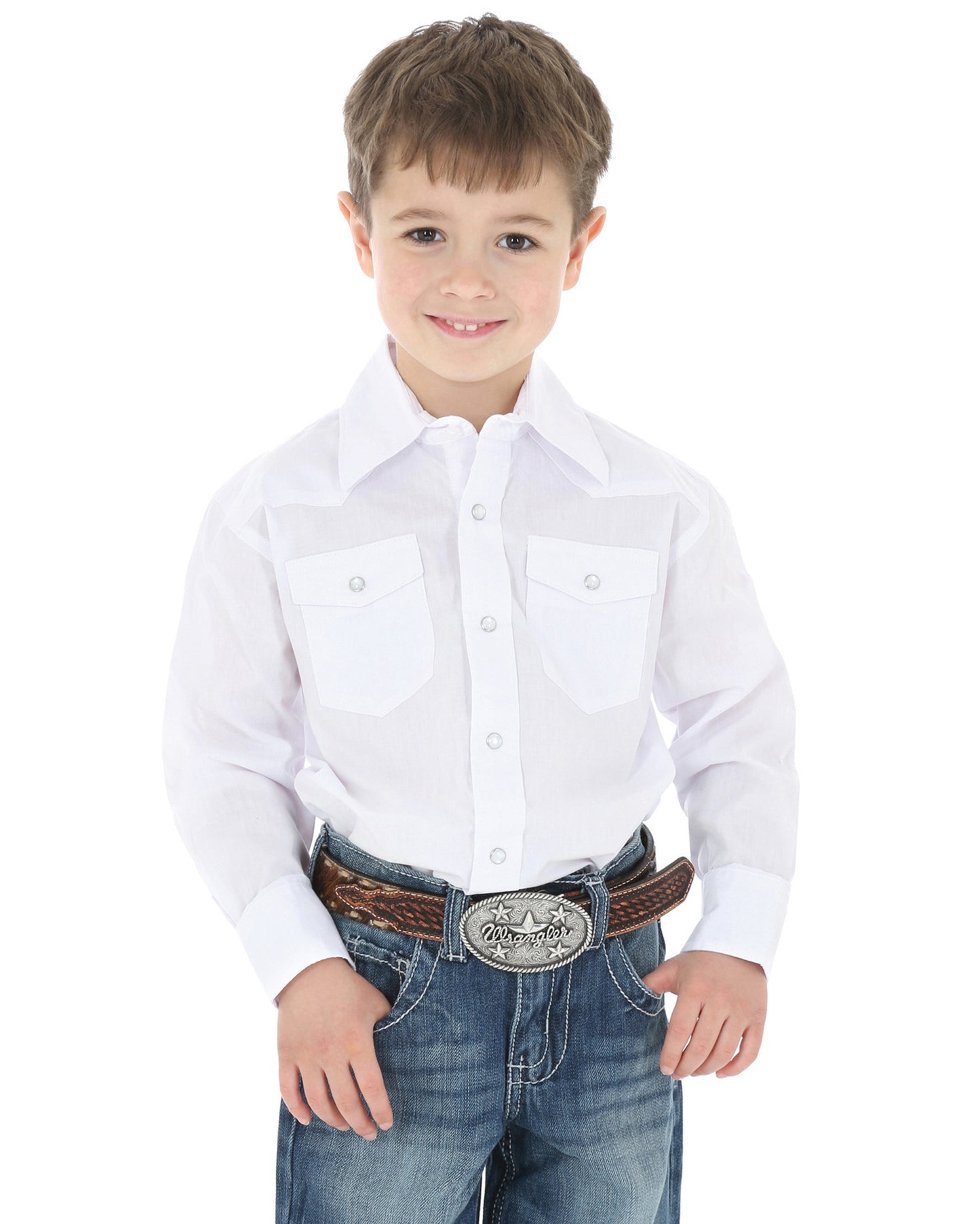 Boys' Long Sleeve Western Snap Shirt by Wrangler from Skip’s Western Outfitters | WRA-204WHSL-XXS-WHITE