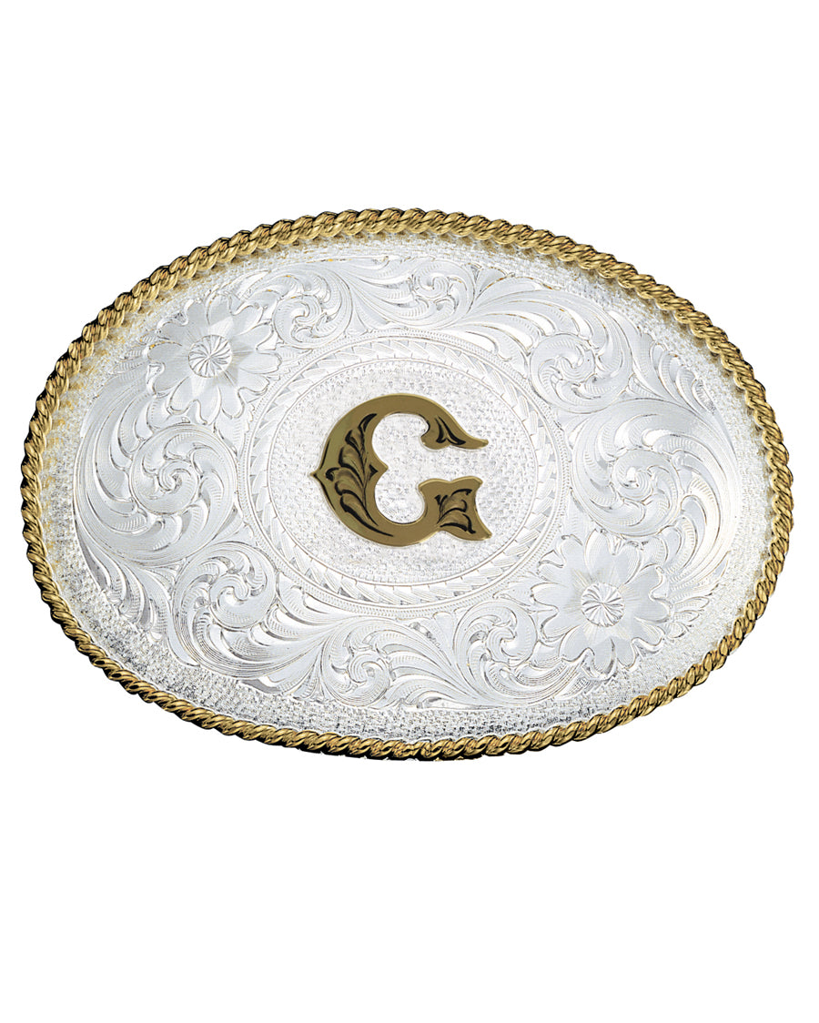 Engraved Initial G Medium Oval Buckle by Montana Silversmiths from Skip’s Western Outfitters | MON-700G-Silver-/-Gold