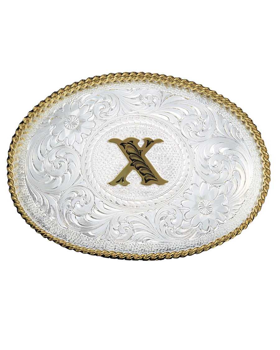 Engraved Initial X Medium Oval Buckle by Montana Silversmiths from Skip’s Western Outfitters | MON-700X-Silver-/-Gold