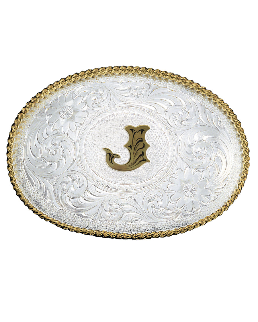 Engraved Initial J Medium Oval Buckle by Montana Silversmiths from Skip’s Western Outfitters | MON-700J-Silver-/-Gold
