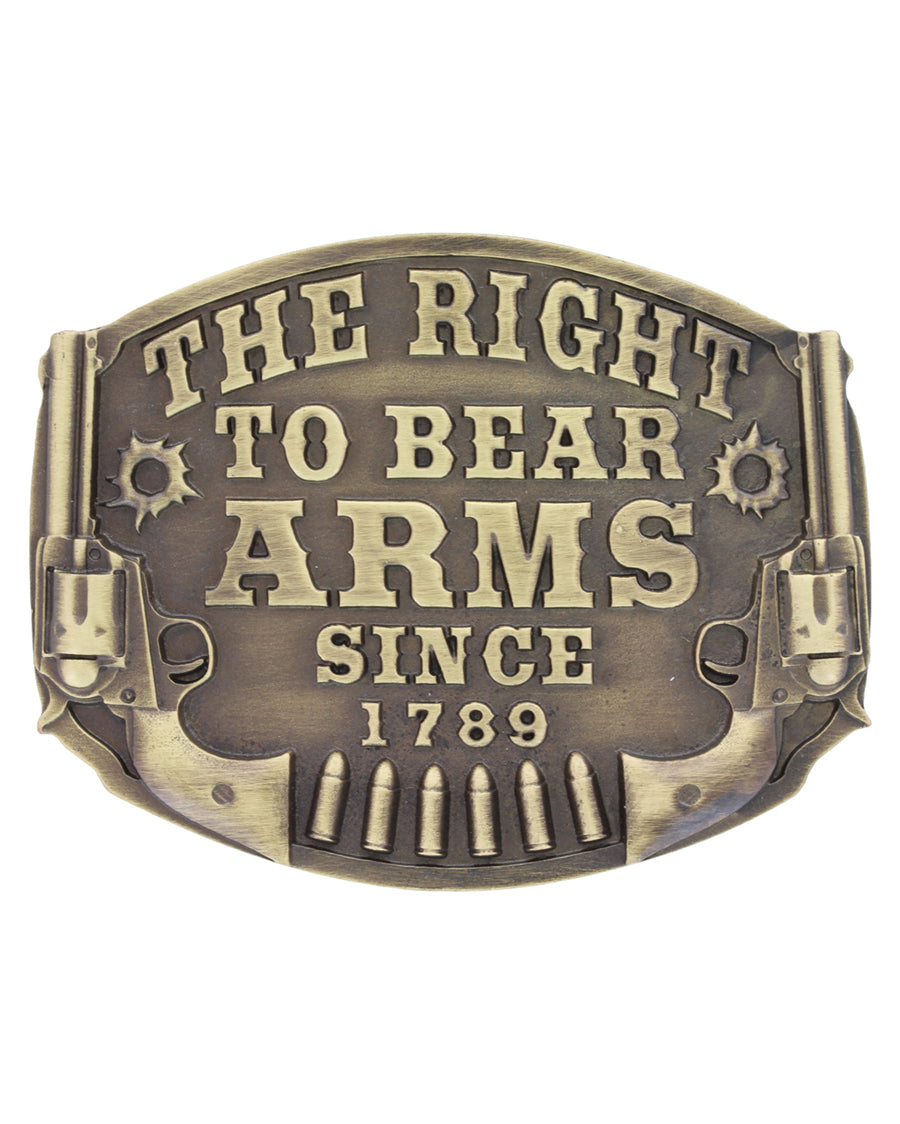 Heritage The Right To Bear Arms Attitude Buckle by Montana Silversmiths from Skip’s Western Outfitters | MON-A603C-Antiqued-Bronze