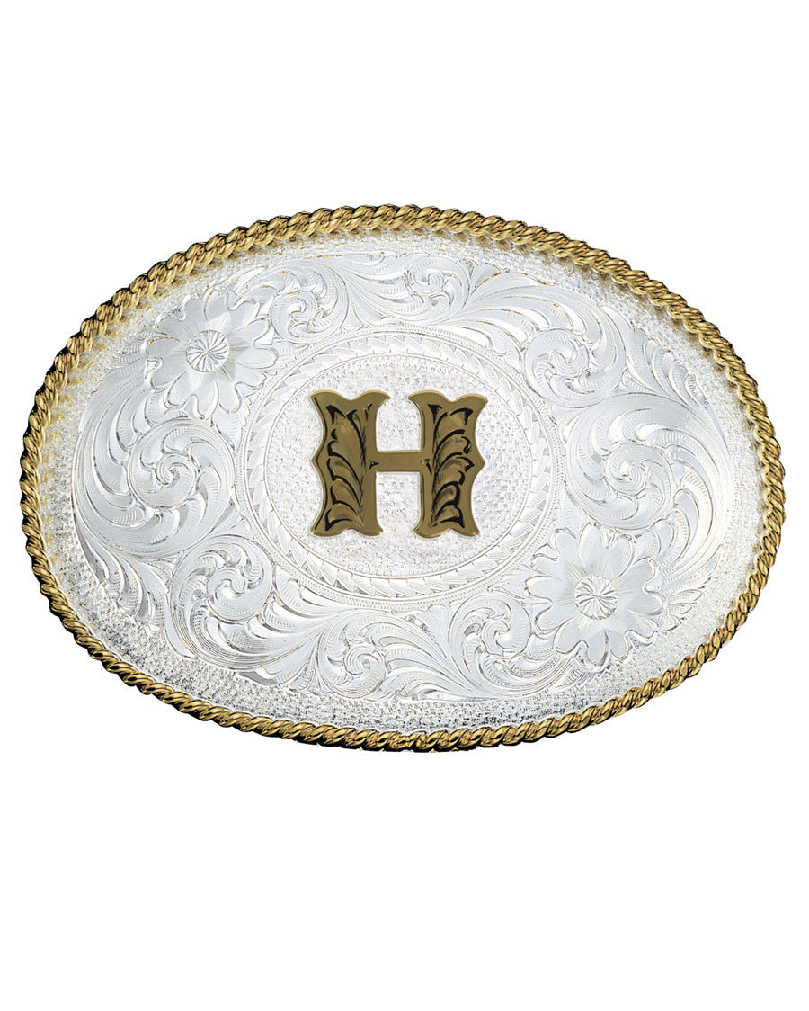 Engraved Initial H Medium Oval Buckle by Montana Silversmiths from Skip’s Western Outfitters | MON-700H-Silver-/-Gold