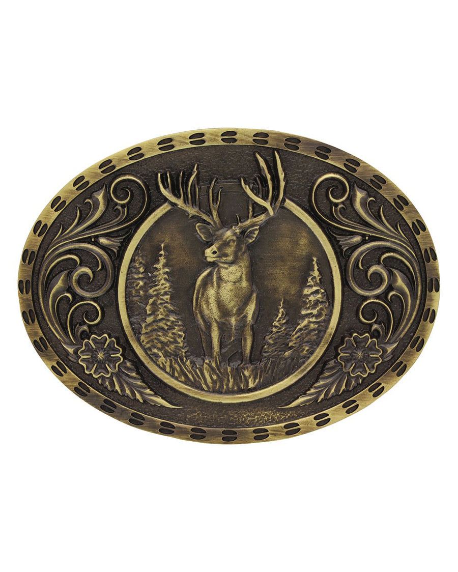 Heritage Outdoor Series Wild Stag Carved Buckle by Montana Silversmiths from Skip’s Western Outfitters | MON-A507C-Antiqued-Brass