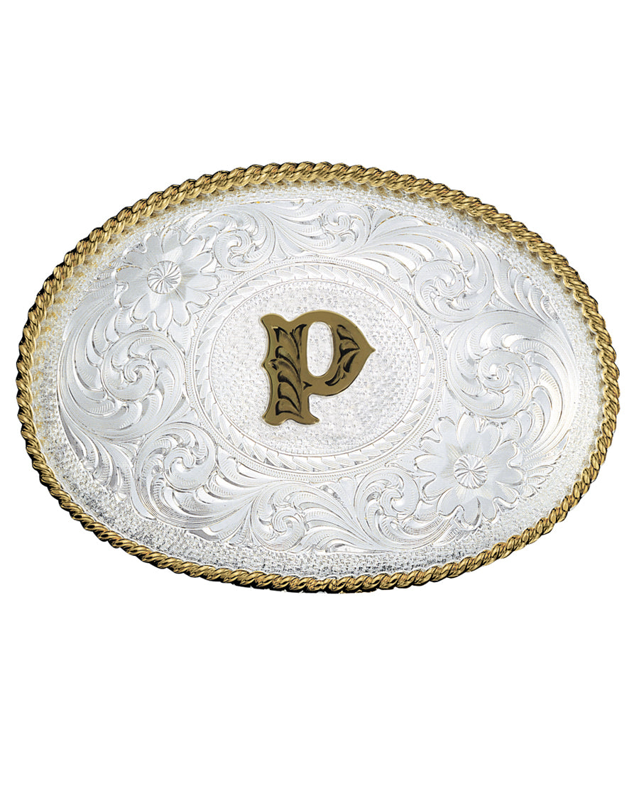 Engraved Initial P Medium Oval Buckle by Montana Silversmiths from Skip’s Western Outfitters | MON-700P-Silver-/-Gold