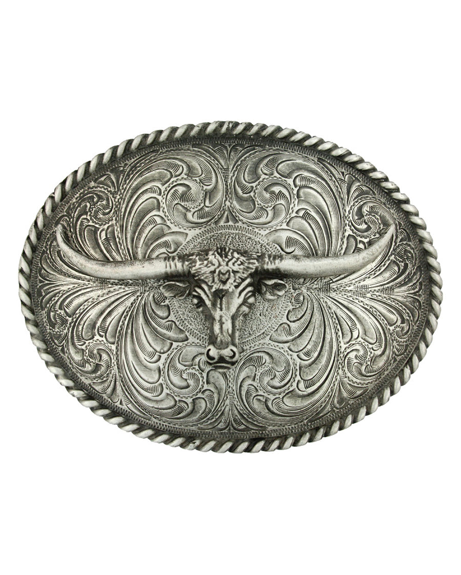 Attitude Oval Longhorn Belt Buckle by Montana Silversmiths from Skip’s Western Outfitters | MON-61028-O/S-Antiqued-Silver