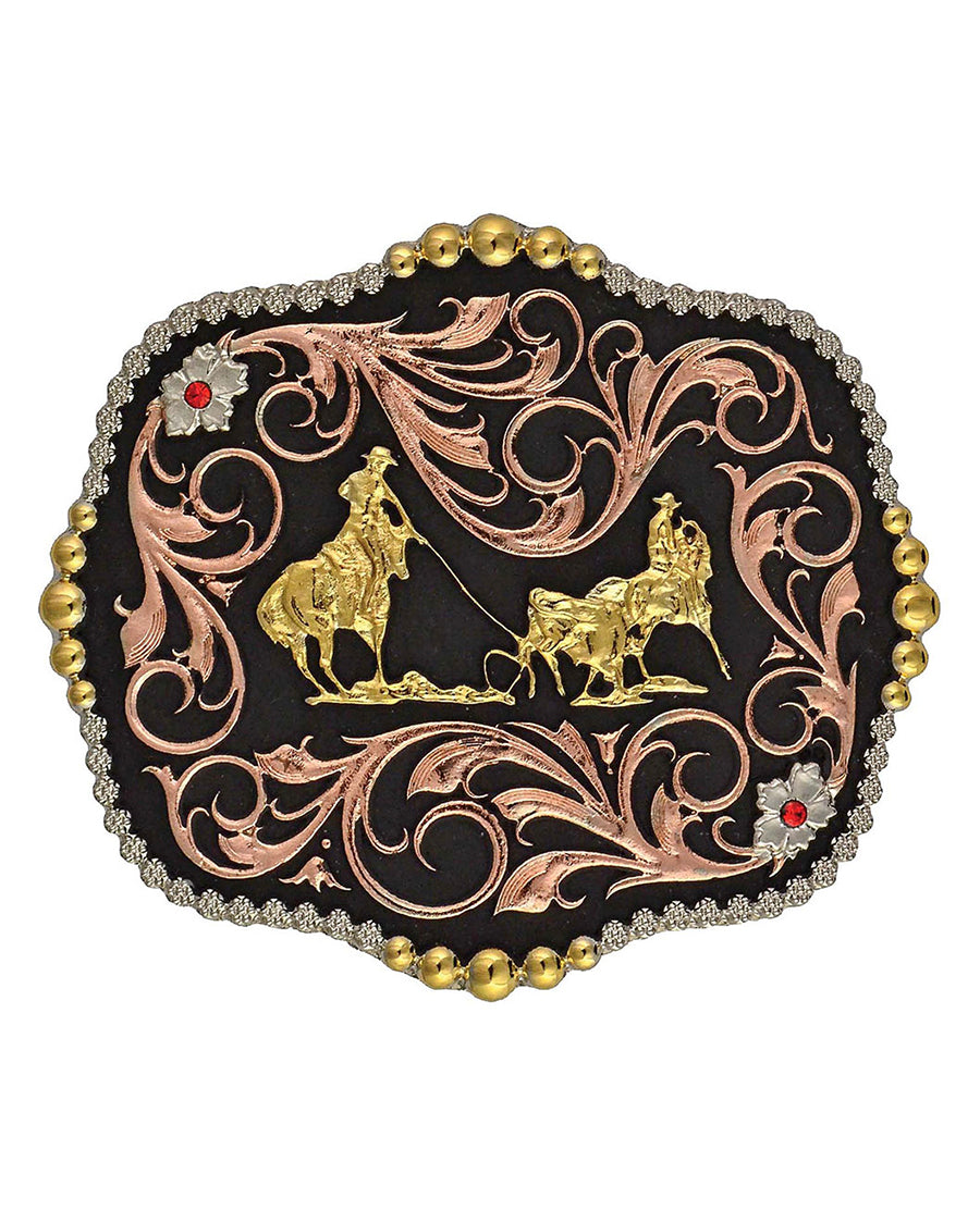 Attitude Tri-Tone Team Ropers Traditional Belt Buckle by Montana Silversmiths from Skip’s Western Outfitters | MON-A392T-O/S-Tri-Tone