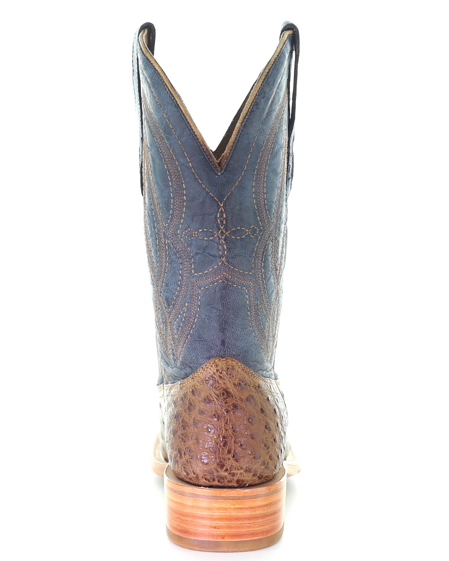 Corral A4052 Men's Handcrafted Wide Square Toe Exotic Full Quill Ostrich Skin Cowboy Boots in Blue Brown at Skip's Boots