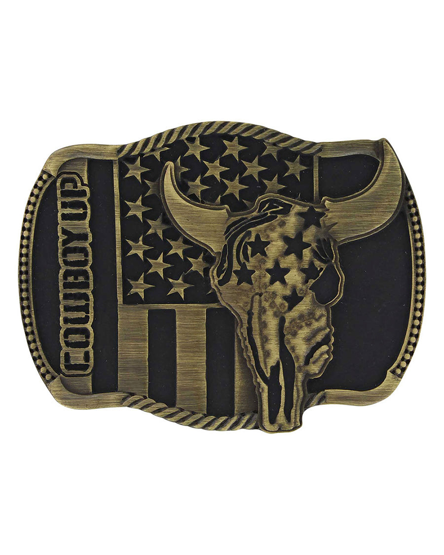 Atitude Cowboy Up Heritage Belt Buckle by Montana Silversmiths from Skip’s Western Outfitters | MON-A713C-O/S-Brass