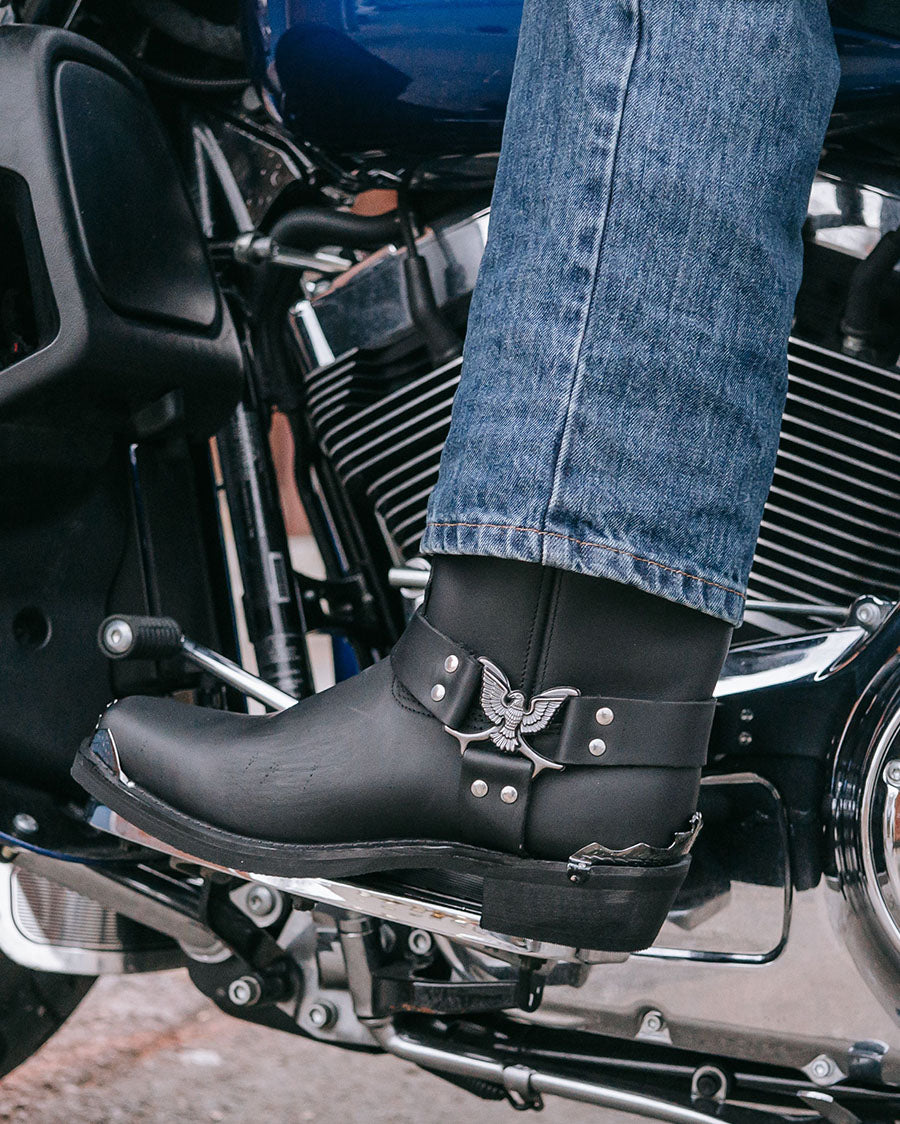 Dingo Men's Chopper Eagle Harness Pull-On Boots in Oily Black with Square Toe at Skip's Western Outfitters | DI19053-OILY-BLACK