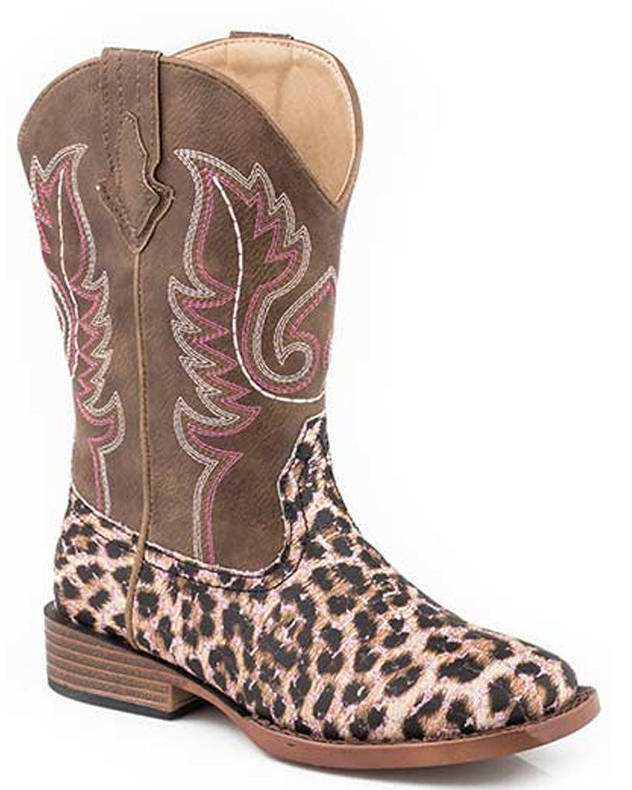 Little Kids' Glitter Leopard Western Boots by Roper from Skip’s Western Outfitters | KAR-09-018-1901-2565-PI-010-Tan/Leopard