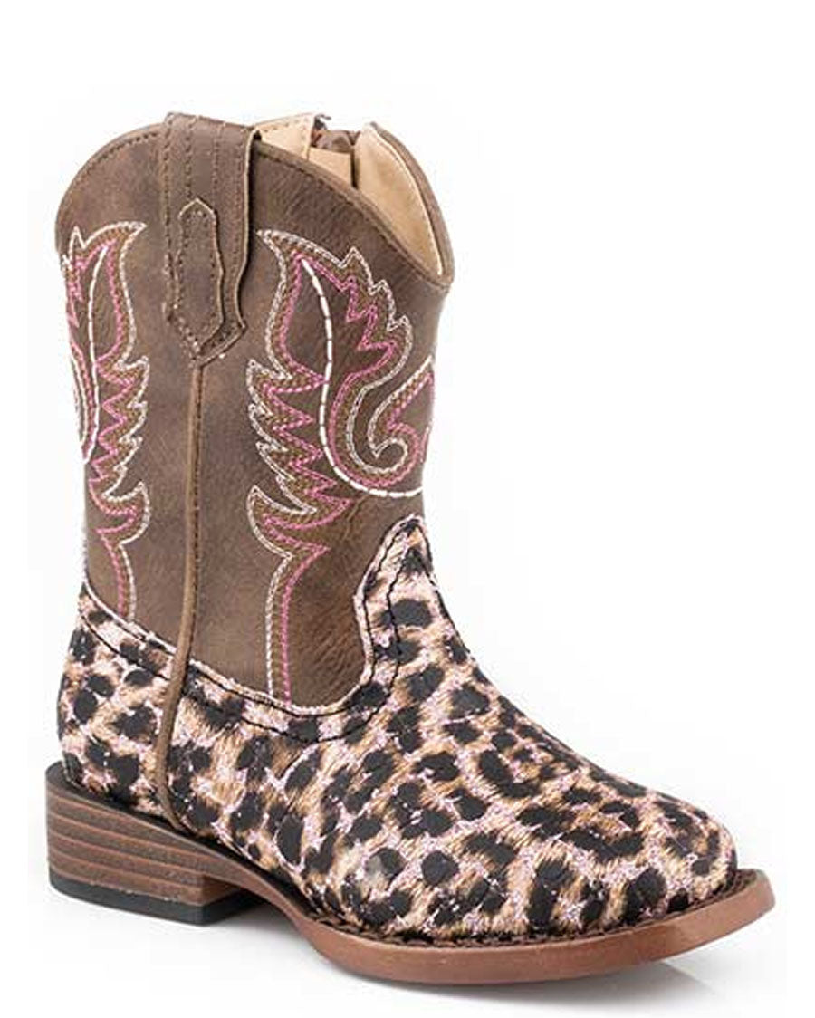 Toddlers' Glitter Leopard Western Boots by Roper from Skip’s Western Outfitters | KAR-09-017-1901-2565-PI-050-Tan/Leopard