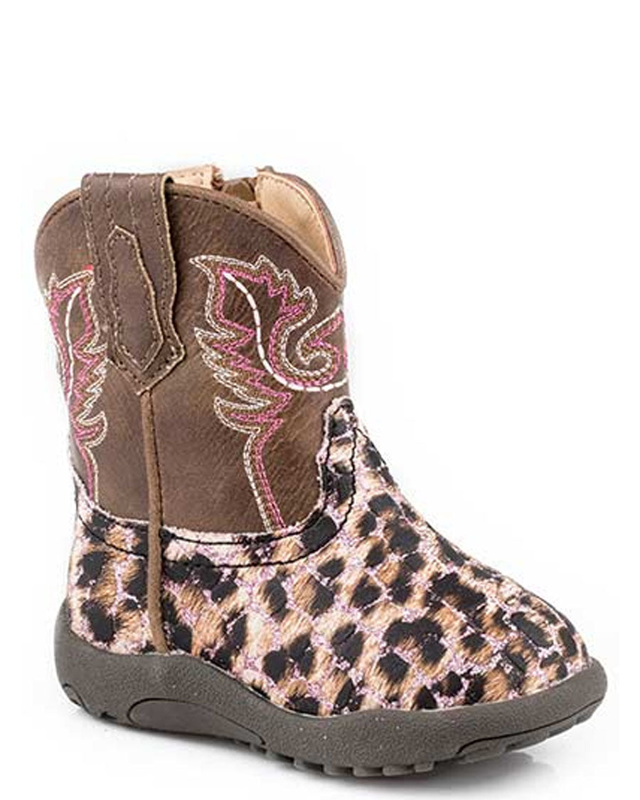 Infants' Cowbabies Glitter Leopard Western Boots by Roper from Skip’s Western Outfitters | KAR-09-016-1901-2565-PI-010-Tan/Leopard