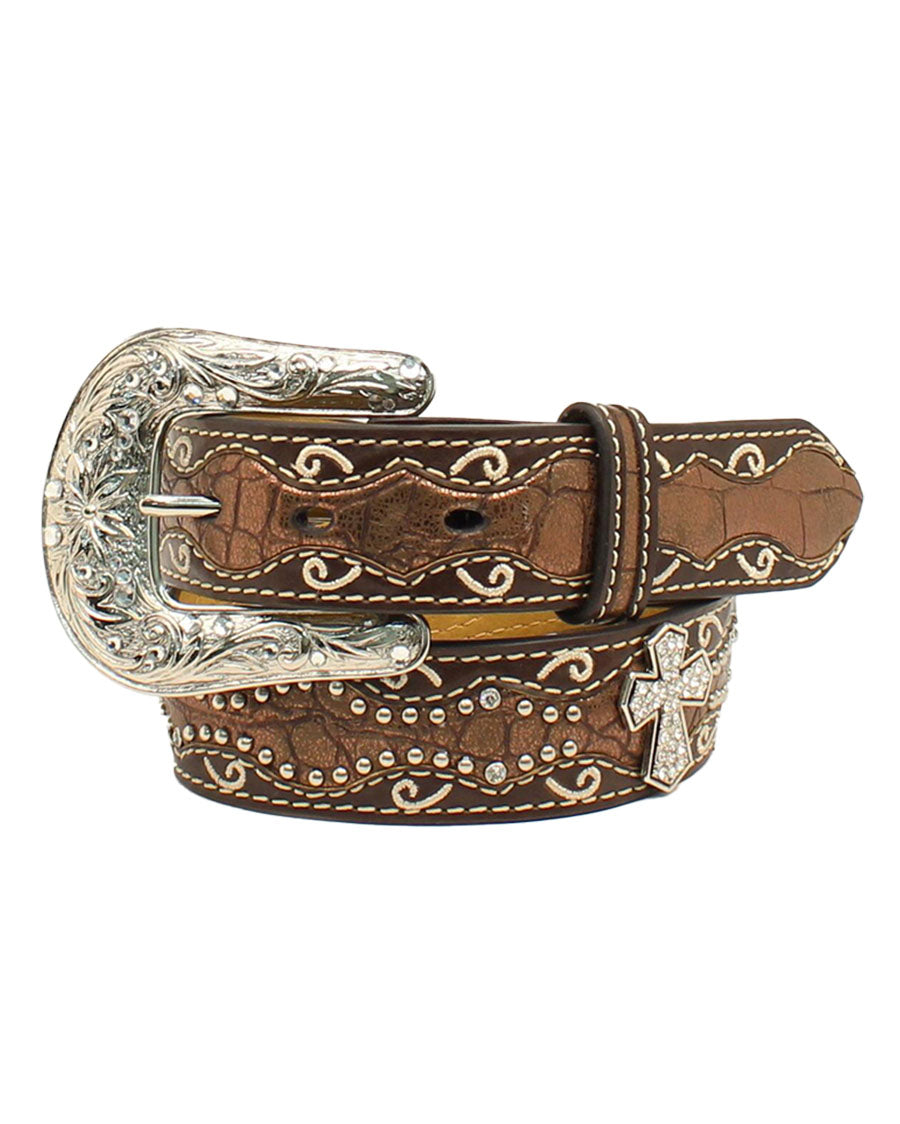 Girls' Studded Cross Inlay Belt by Ariat Accessories from Skip’s Western Outfitters | MFW-A1302802-18-BROWN