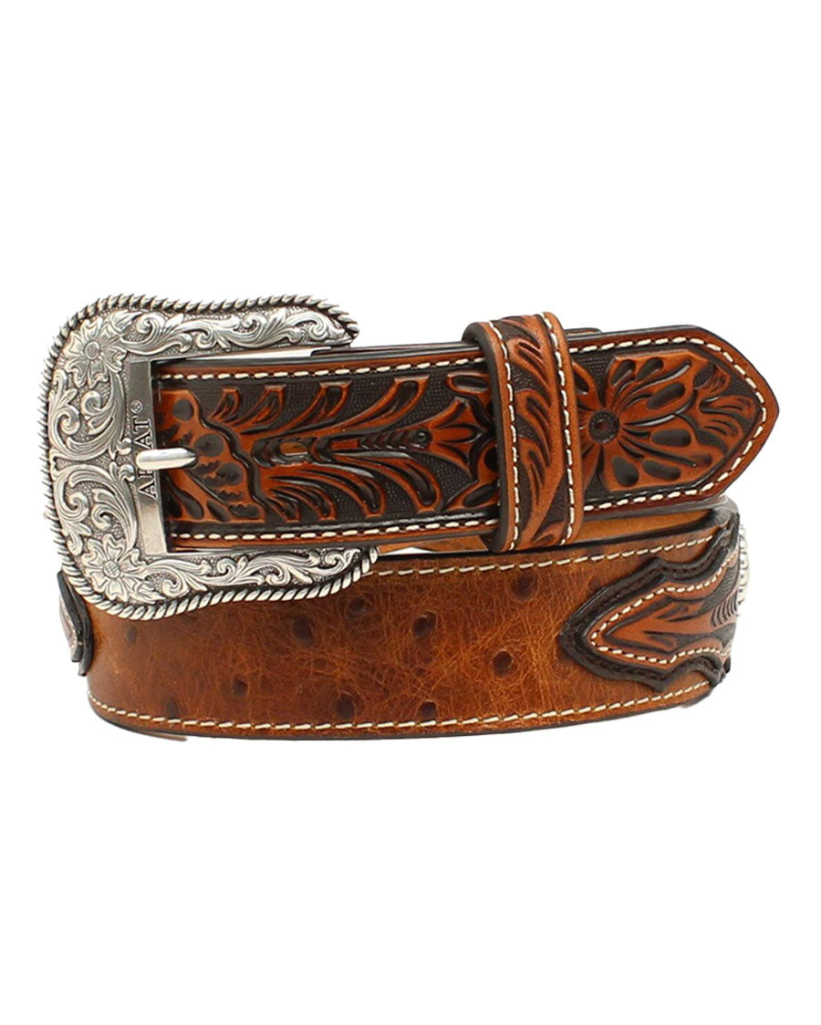 Men's Ostrich Print Tooled Belt by Ariat Accessories from Skip’s Western Outfitters | MFW-A1024402-32-BROWN