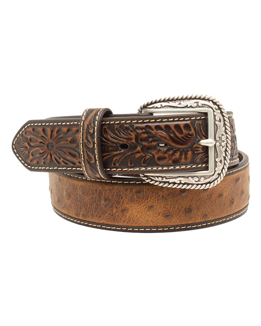 Men's Ostrich Print Tooled Belt by Ariat Accessories from Skip’s Western Outfitters | MFW-A1017202-32-BROWN